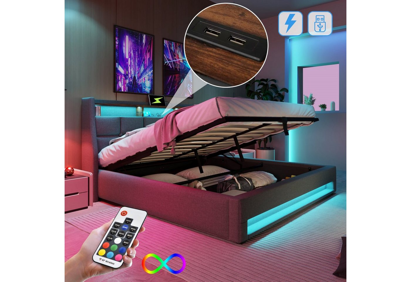 OKWISH Polsterbett Bett (LED Doppelbett Jugendbett mit USB/Typ-C Ladeanschluss), 180x200cm,Ohne Matratze von OKWISH