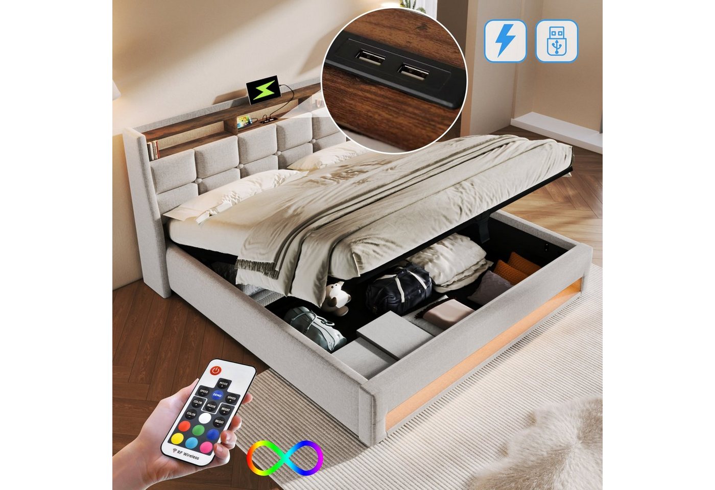 OKWISH Polsterbett Bett (LED Doppelbett Jugendbett mit USB/Typ-C Ladeanschluss, Jugendbett Inklusive Matratze), Bettkasten von OKWISH