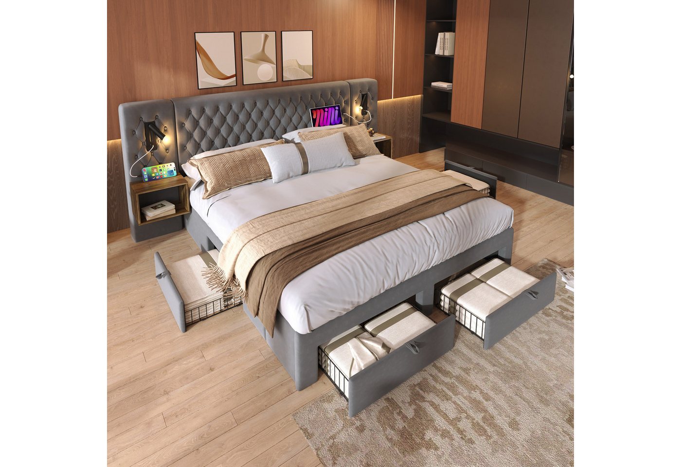 OKWISH Polsterbett Bettanlage Schlafzimmer Komplett Set (Doppelbett, 1-tlg., 160×200 cm, Ohne Matratze), mit 2 Nachttischen, 4 Schubladen, Leselicht mit USB Ladefunktion von OKWISH