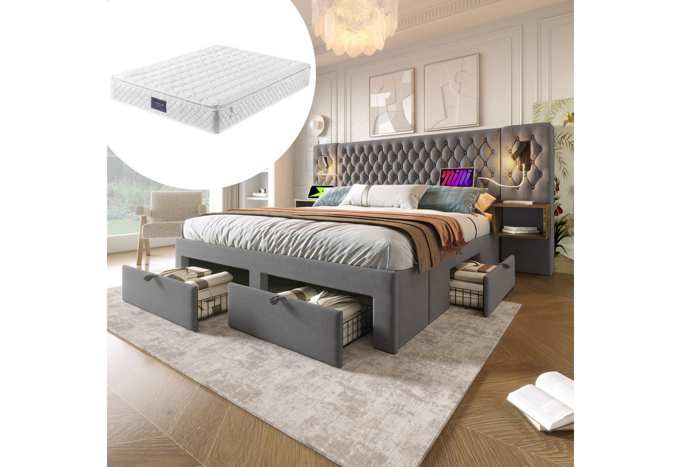 OKWISH Polsterbett Bettanlage Schlafzimmer Komplett Set (Doppelbett, 1-tlg., 180 ×200 cm, mit Matratze), mit 2 Nachttischen, 4 Schubladen, Leselicht mit USB Ladefunktion von OKWISH