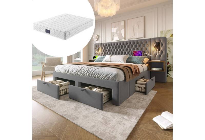 OKWISH Polsterbett Bettanlage Schlafzimmer Komplett Set (Doppelbett, 1-tlg., 180 ×200 cm, mit Matratze), mit 2 Nachttischen, 4 Schubladen, Leselicht mit USB Ladefunktion von OKWISH