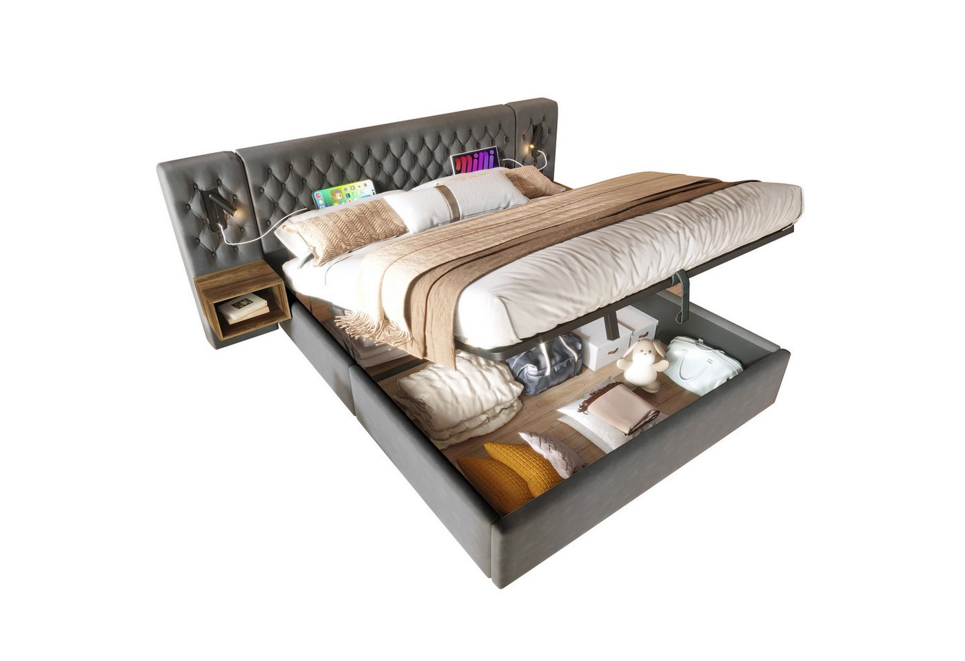 OKWISH Polsterbett Bettanlage Schlafzimmer Komplett Set (Stauraumbett, Doppelbett, 2-tlg., 2 Nachttischen, 160×200cm,mit Matratze), Hydraulisch Stauraumbett mit zwei Nachttischen von OKWISH