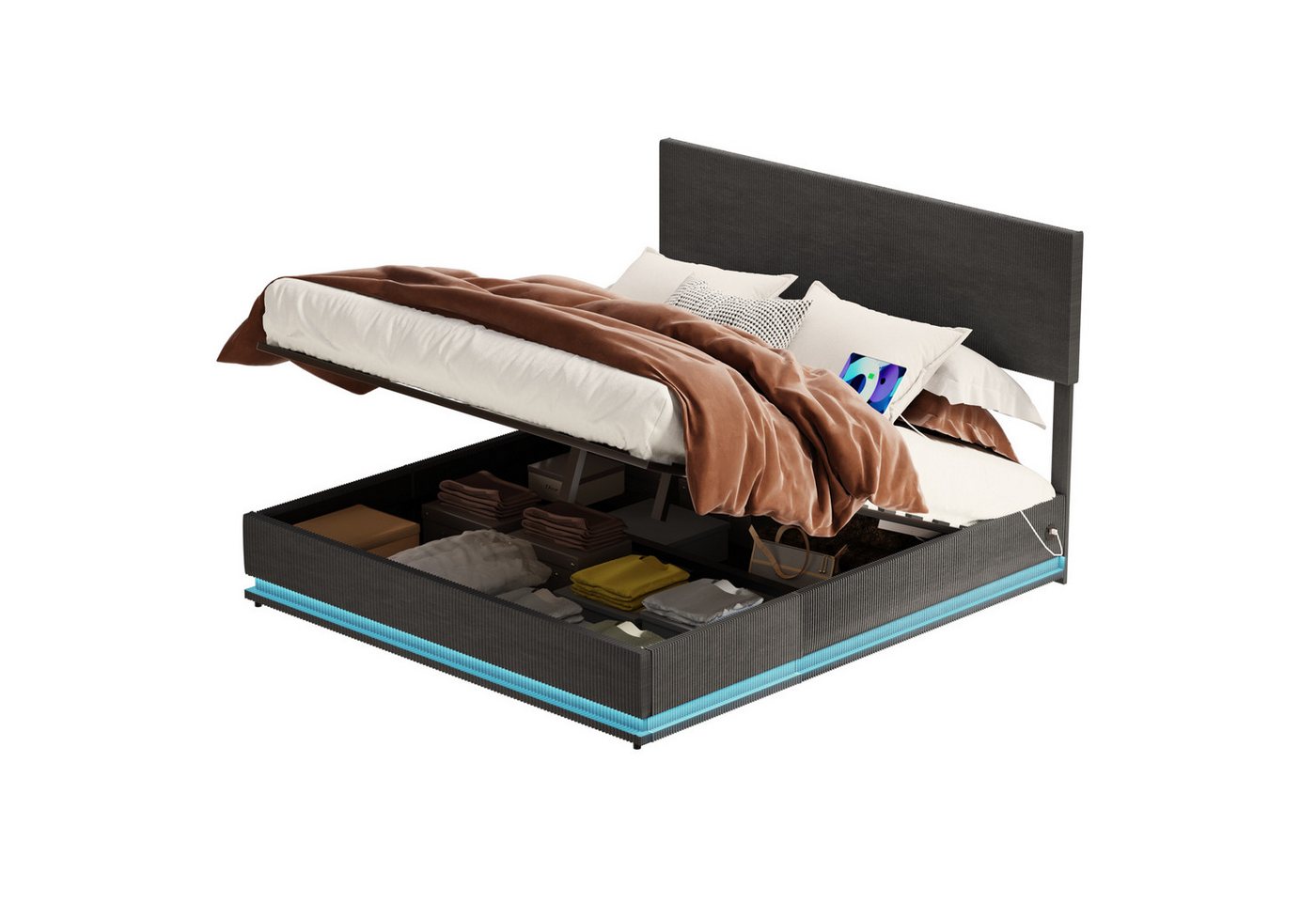 OKWISH Polsterbett Bettrahmen, Doppelbett mit Stauraum (Staubettfunktion Bettrückbettrahmen, Samtbettrahmen, 1-tlg., 180x200cm, ohne Matratze), mit flachem Nudelrahmen, LED-Bettrahmen mit USB-Ladefunktion von OKWISH