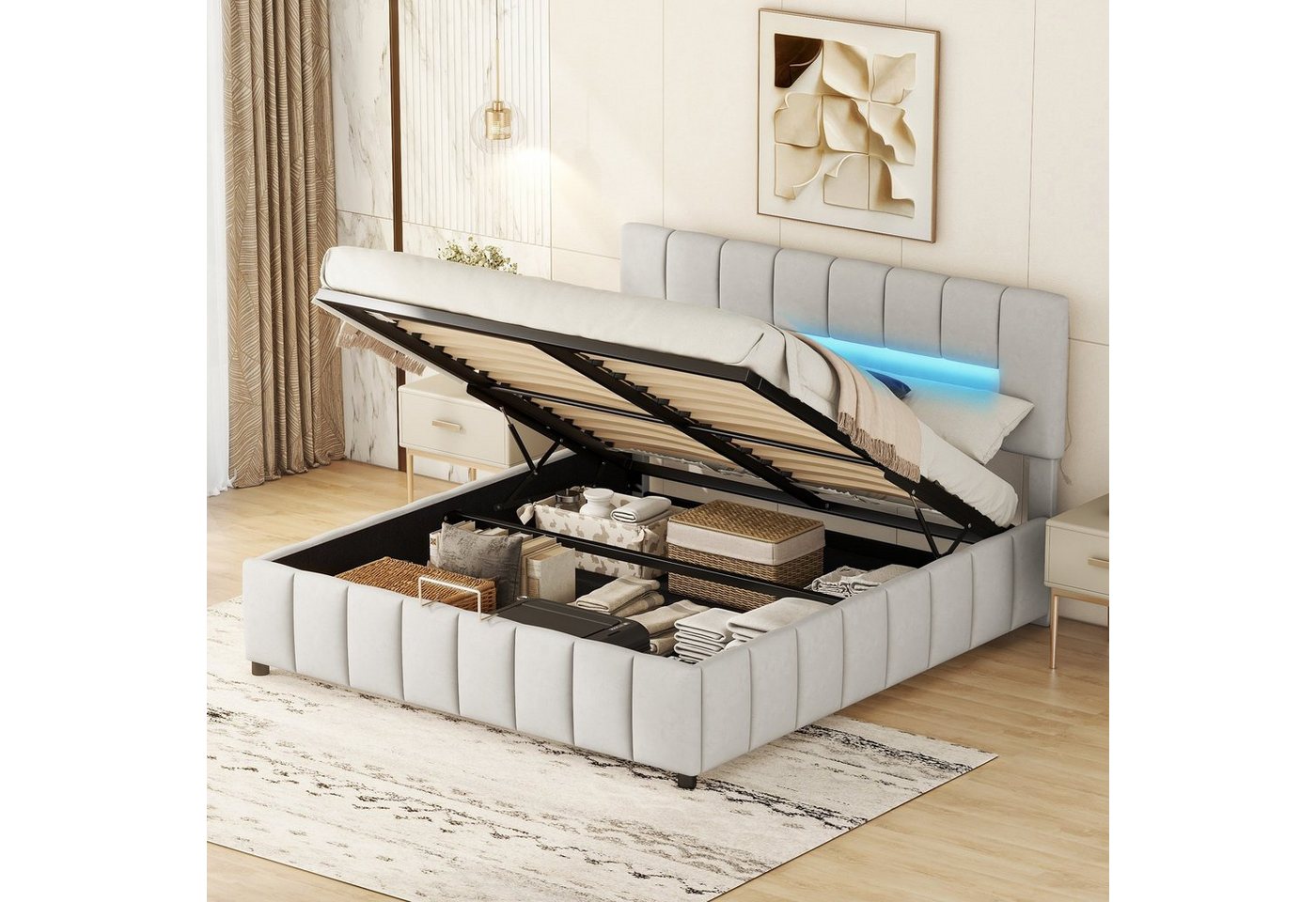 OKWISH Polsterbett Doppelbett, Familienbett, Plattformbett Daybed Gästebett Gepolstertes (mit LED-Beleuchtung, Modernes Bettgestell mit Stauraum 180x200cm), Ohne Matratze von OKWISH