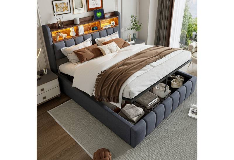 OKWISH Polsterbett Doppelbett, mit hydraulisches Stauraum (mit Kopfteil Einlegeböden, mit LED-Beleuchtung & USB-Anschluss, 180 x 200 cm), ohne Matratze von OKWISH