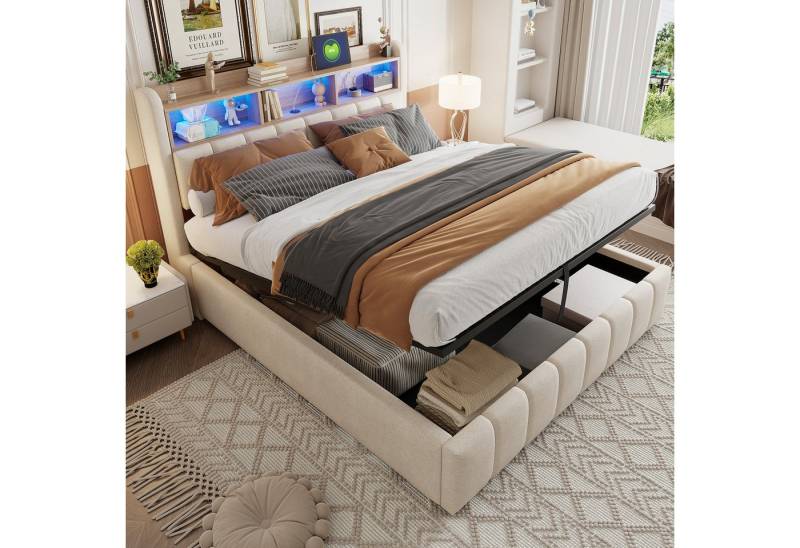 OKWISH Polsterbett Doppelbett, mit hydraulisches Stauraum (mit Kopfteil Einlegeböden, mit LED-Beleuchtung & USB-Anschluss, 180 x 200 cm), ohne Matratze von OKWISH