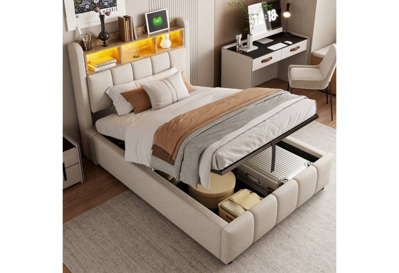 OKWISH Polsterbett Doppelbett, mit hydraulisches Stauraum (mit Kopfteil Einlegeböden, mit LED-Beleuchtung & USB-Anschluss, 90 x 200 cm), mit Matratze von OKWISH