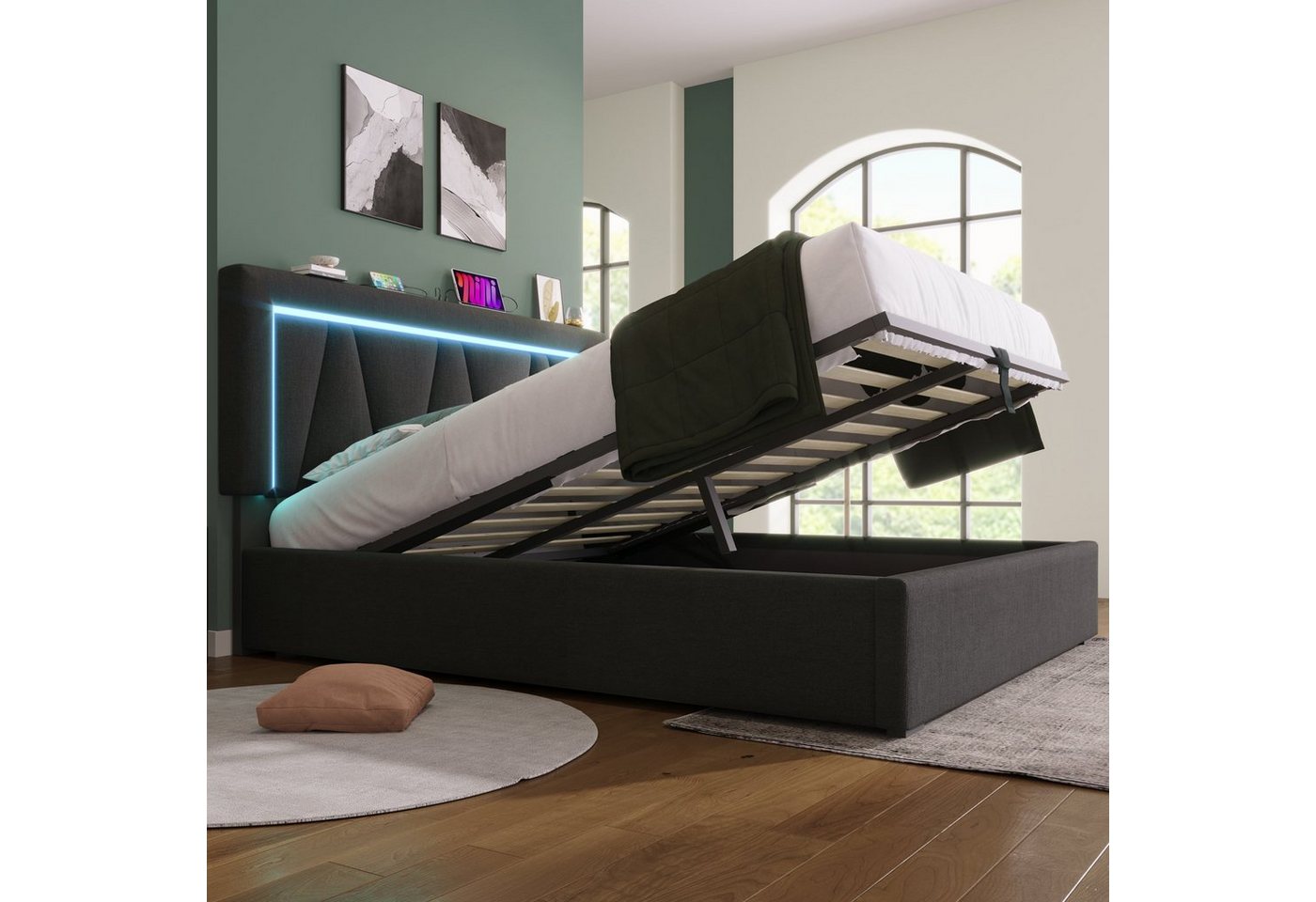 OKWISH Polsterbett Doppelbett (140 x 200 cm Inklusive-Matratze), LED Doppelbett + USB/Typ-C Ladefunktion von OKWISH