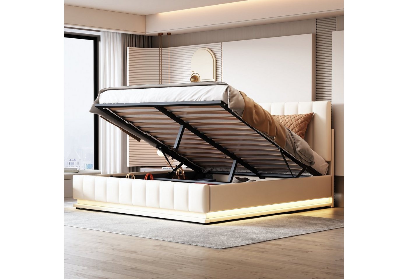 OKWISH Polsterbett Doppelbett (160 x 200 cm mit LED, Metalllattenrost & Bettkasten), mit höheverstellbarem Polsterkopfteil & hydraulischem Stauraum von OKWISH