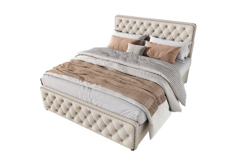 OKWISH Polsterbett Doppelbett Bett Stauraumbett Jugendbett gepolsteres Bettgestell (Stahlrahmen mit Bettstauraum 4 Schubladen und Holz-Lattenrost, Leinen Bezug Funktionsbett mIt Staufächer 180x200 cm Ohne Matratze), mit weich höhenverstellbar Kopfteil Schaum-Polsterung Große Knopfnähte von OKWISH