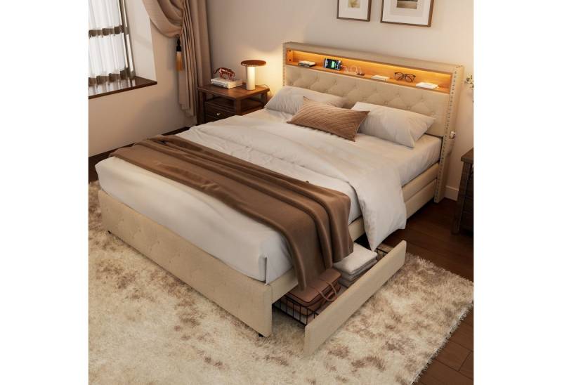 OKWISH Polsterbett Doppelbett (LED-Bett, Nachttisch-USB-Schnittstelle, Polsterbett mit 4 Schubladen), 140*200 cm, Ohne matratze von OKWISH