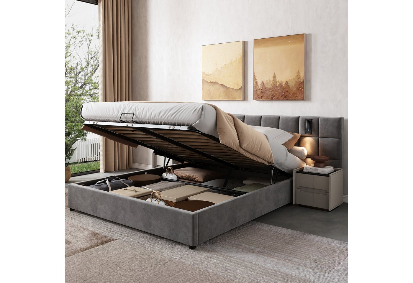 OKWISH Polsterbett Doppelbett Jugendbett Bett Stauraumbett gepolsteres Bettgestell (Stahlrahmen mit Hydraulisch anhebbarer Bettstauraum Holz-Lattenrost, 1-tlg., Samt Bezug USB-Anschluss LED-Beleuchtung 140x200 cm Ohne Matratze), weich breit Kopfteil Polsterung aus Schaum mit Lampe USB-Ladeanschluss OKWISH Polsterbett Doppelbett Jugendbett Bett Stauraumbett gepolsteres Bettgestell (Stahlrahmen mit Hydraulisch anhebbarer Bettstauraum Holz-Lattenrost, 1-tlg., Samt Bezug USB-Anschluss LED-Beleuchtung 140x200 cm Ohne Matratze), weich breit Kopfteil Polsterung aus Schaum mit Lampe USB-Ladeanschluss von OKWISH