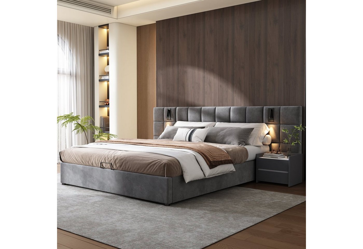 OKWISH Polsterbett Doppelbett Jugendbett Bett Stauraumbett gepolsteres Bettgestell (Stahlrahmen mit Hydraulisch anhebbarer Bettstauraum Holz-Lattenrost, 2-tlg., Samt Bezug USB-Anschluss LED-Beleuchtung 140x200 cm mit Matratze), weich breit Kopfteil Polsterung aus Schaum mit Lampe USB-Ladeanschluss OKWISH Polsterbett Doppelbett Jugendbett Bett Stauraumbett gepolsteres Bettgestell (Stahlrahmen mit Hydraulisch anhebbarer Bettstauraum Holz-Lattenrost, 2-tlg., Samt Bezug USB-Anschluss LED-Beleuchtung 140x200 cm mit Matratze), weich breit Kopfteil Polsterung aus Schaum mit Lampe USB-Ladeanschluss von OKWISH