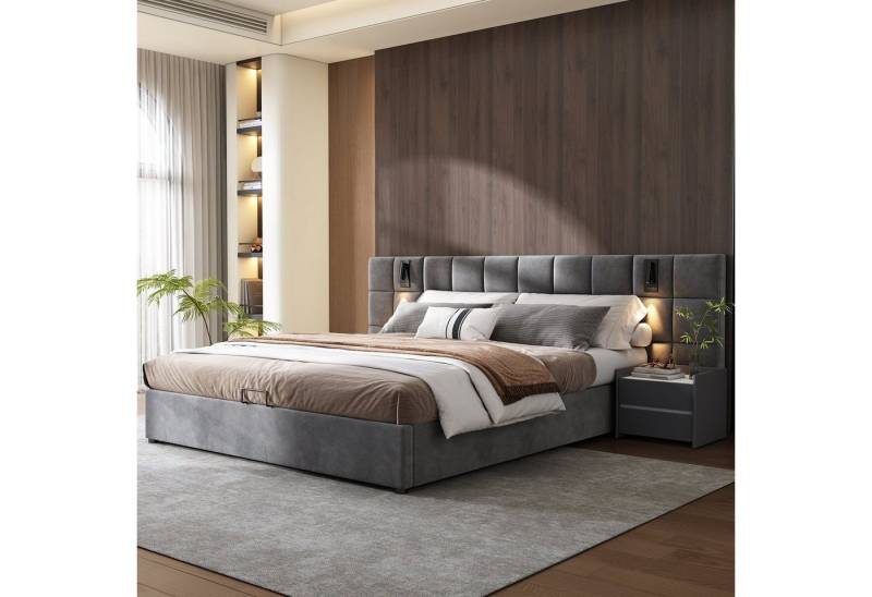 OKWISH Polsterbett Doppelbett Jugendbett Bett Stauraumbett gepolsteres Bettgestell (Stahlrahmen mit Hydraulisch anhebbarer Bettstauraum Holz-Lattenrost, 2-tlg., Samt Bezug USB-Anschluss LED-Beleuchtung 140x200 cm mit Matratze), weich breit Kopfteil Polsterung aus Schaum mit Lampe USB-Ladeanschluss OKWISH Polsterbett Doppelbett Jugendbett Bett Stauraumbett gepolsteres Bettgestell (Stahlrahmen mit Hydraulisch anhebbarer Bettstauraum Holz-Lattenrost, 2-tlg., Samt Bezug USB-Anschluss LED-Beleuchtung 140x200 cm mit Matratze), weich breit Kopfteil Polsterung aus Schaum mit Lampe USB-Ladeanschluss von OKWISH