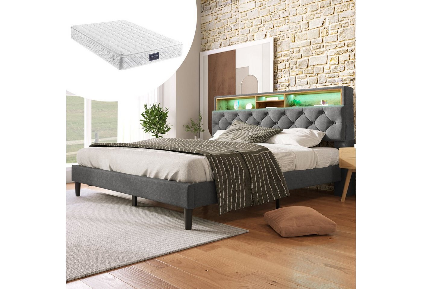 OKWISH Polsterbett Doppelbett Stauraum-Kopfteil Bett (140x200cm Inklusive-Matratze, 1-tlg), Mit aufladen USB und LED-Beleuchtung von OKWISH