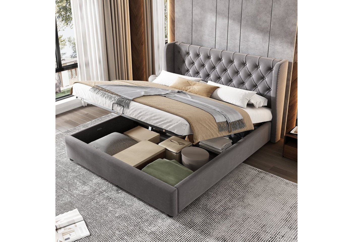 OKWISH Polsterbett Doppelbett Stauraumbett (Kiefernholz Flanell), 180*200cm Inklusive-Matratze(H20cm-Taschenfederkern) von OKWISH