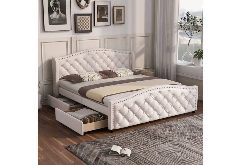 OKWISH Polsterbett Doppelbett Stauraumbett (mit Lattenrost und Kopfteil,Doppelbett, Stauraumbett mit 2 Schubkästen, 140X200 cm ohne Matratze), mit hohes Kopfteil & Bettkasten, Holzlattenunterstützung, PU, weiß von OKWISH