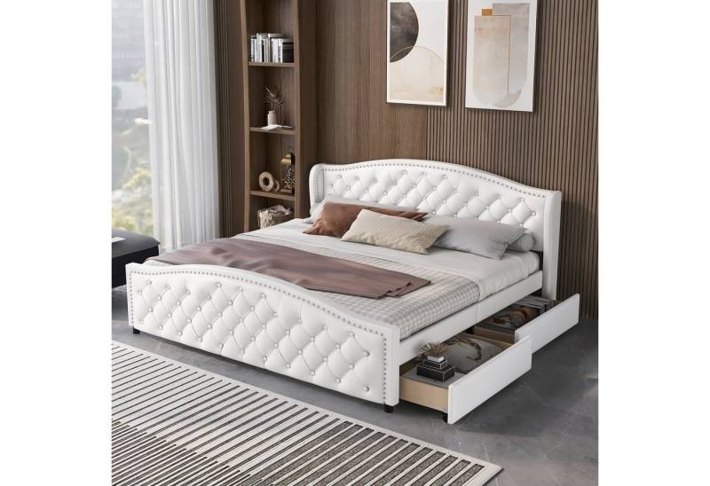 OKWISH Polsterbett Doppelbett Stauraumbett (mit Lattenrost und Kopfteil,Doppelbett, Stauraumbett mit 2 Schubkästen, 180X200cm ohne Matratze), mit hohes Kopfteil & Bettkasten, Holzlattenunterstützung, PU, weiß von OKWISH