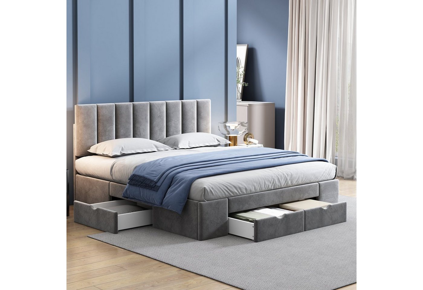 OKWISH Polsterbett Doppelbett Stauraumbett Bett mit Lattenrost (Mit 4 Schubladen 160x200 Inklusive Matratze), Bezug aus Samt von OKWISH