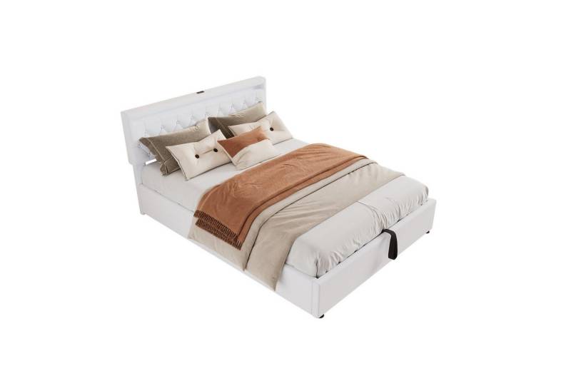 OKWISH Polsterbett Doppelbett Stauraumbett Gästebett (Umgebungslicht am Bett, 24-Tasten-Fernbedienung, Bett kann angehoben und abgesenkt werden, USB- und Typ-C-Steckdose am Bett, großer Stauraum 160x200 cm), ohne Matratze von OKWISH
