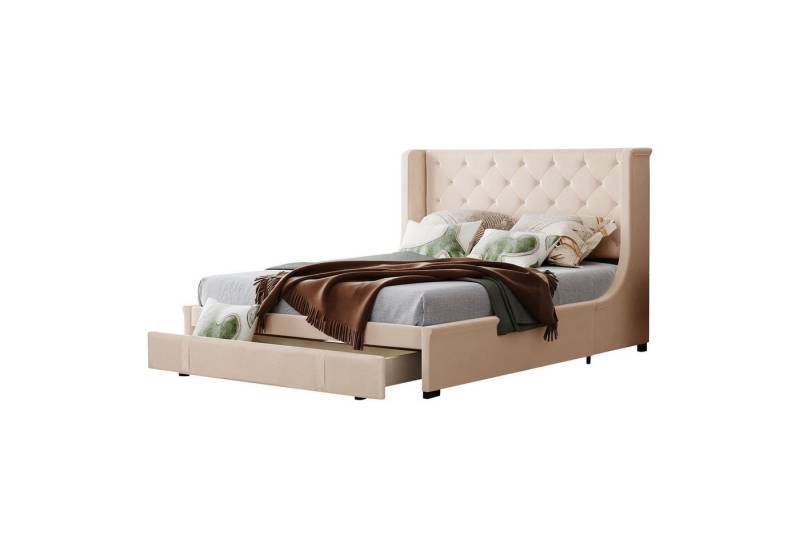 OKWISH Polsterbett Doppelbett mit Lattenrost (Beige (Matratze nicht im Lieferumfang enthalten), Erwachsenen- und Jugenddoppelbett in Pro-Leinen-Stoff 140x200cm), Keine Federkernmatratze erforderlich von OKWISH