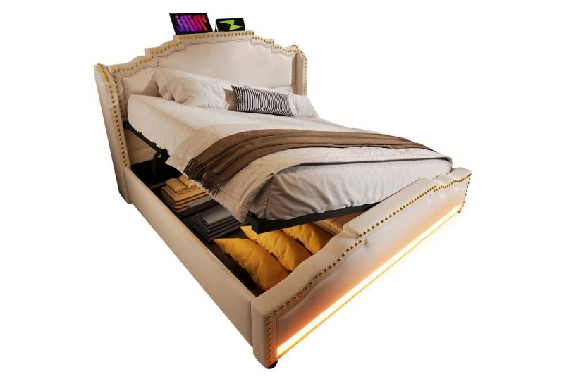 OKWISH Polsterbett Doppelbett mit hydraulischem Stauraum (Stauraumbett, Jugendbett, Funktionsbett, 1-tlg., 140×200cm, ohne Matratze), mit LED-Beleuchtung und USB-C-Ladeanschluss von OKWISH