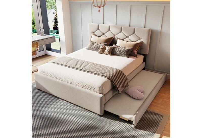 OKWISH Polsterbett Einzelbett,Jugendbett,mit Rollcontainer (Polsterbett,mit Rollcontainer, Samtbezug, Minimalistisches Design, Multifunktional mit Lattenrost, 140x200cm), Inklusive Matratze von OKWISH