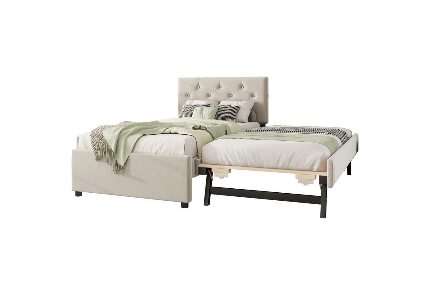 OKWISH Polsterbett Einzelbett,Jugendbett,mit Rollcontainer (Polsterbett,mit Rollcontainer, Samtbezug, Minimalistisches Design, Multifunktional mit Lattenrost, 90x200cm), ohne Matratze von OKWISH