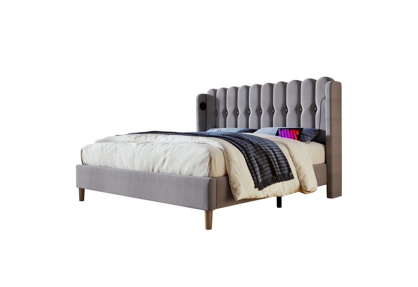 OKWISH Polsterbett Einzelbett Doppelbett mit USB Typ C Ladefunktion (140 x 200 cm Inklusive Matratze Bettgestell Massivholzbett, Bettrahmen Jugendbett) von OKWISH