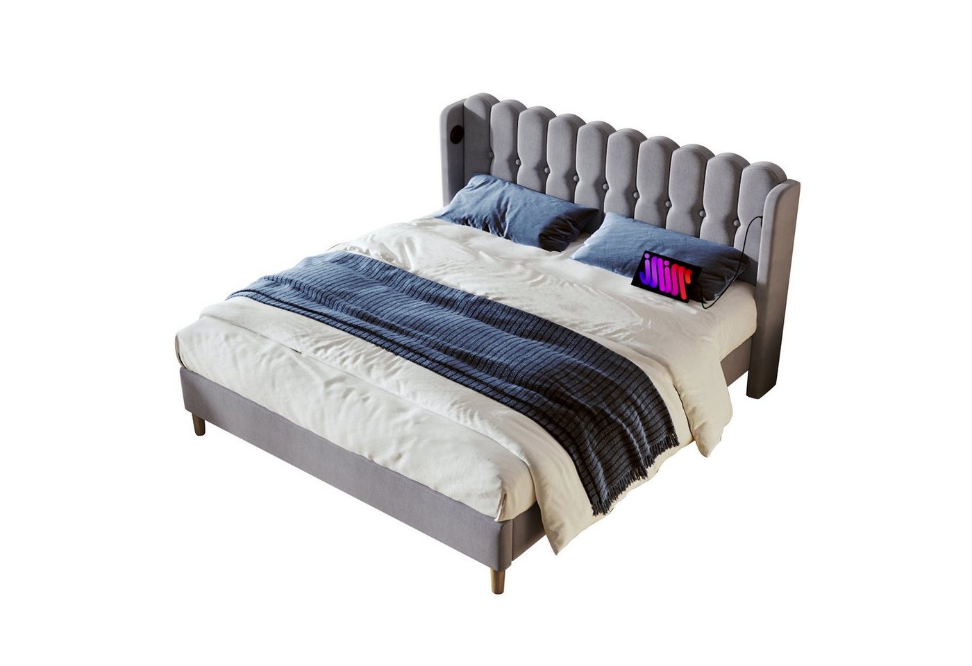 OKWISH Polsterbett Einzelbett Doppelbett mit USB Typ C Ladefunktion (160 x 200 cm Bettgestell Massivholzbett, Bettrahmen Jugendbett), Samt von OKWISH