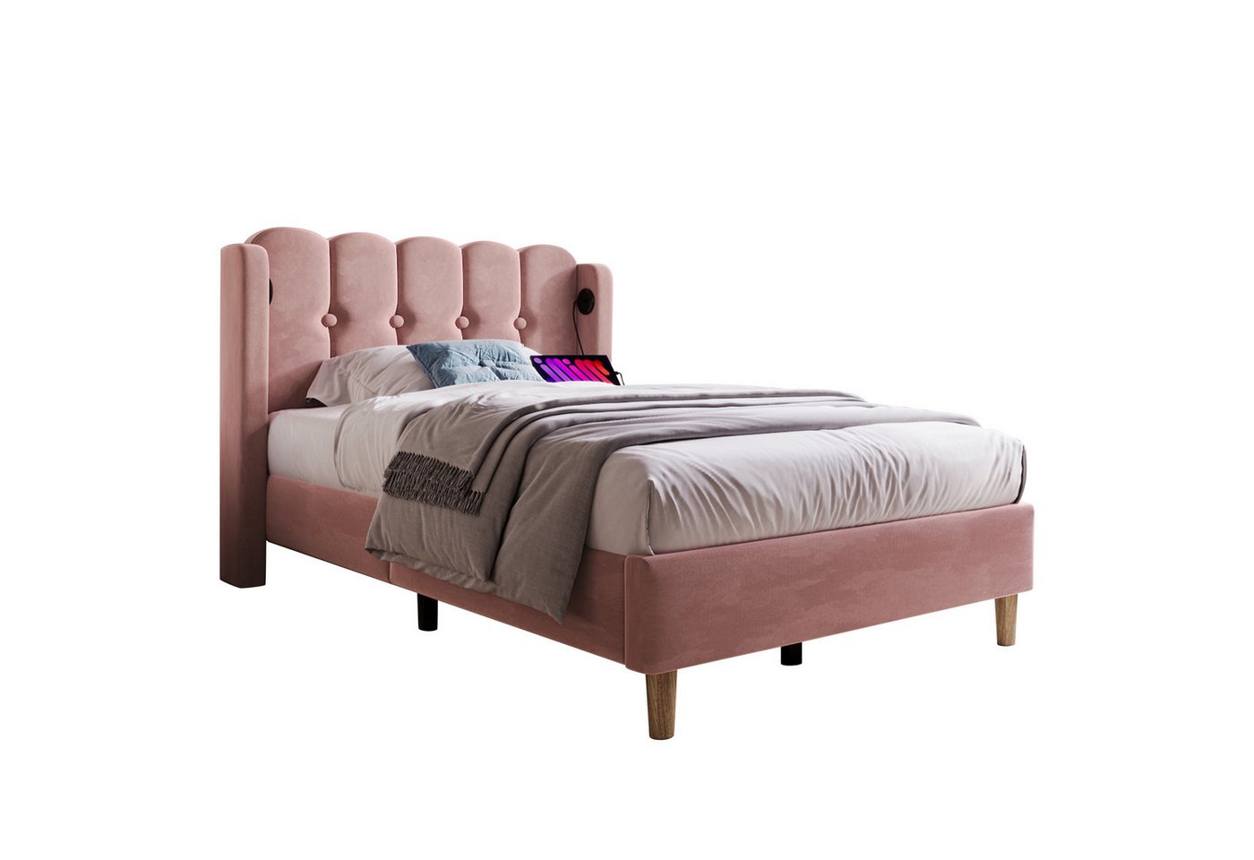 OKWISH Polsterbett Einzelbett Doppelbett mit USB Typ C Ladefunktion (90 x 200 cm Inklusive Matratze Bettgestell Massivholzbett, Bettrahmen Jugendbett) von OKWISH
