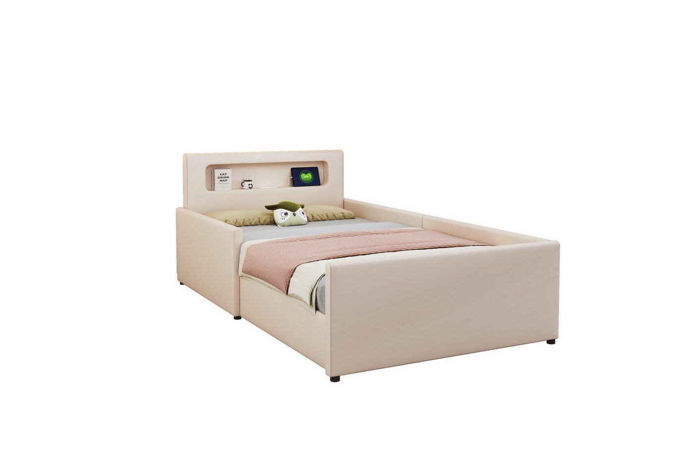 OKWISH Polsterbett Einzelbett Funktionsbett Kinderbett Stauraumbett Jugendbett (Mit Nachtlicht, USB-Ladeanschluss und erhöhten Seitenteilen für Sicherheit, ideal für Jungen und Mädchen im Kinderzimmer mit Stauraum, 90x200cm), ohne Matratze von OKWISH