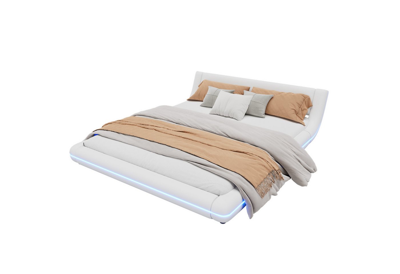 OKWISH Polsterbett Flachbett, Bodenbett, Doppelbett (mit PU-Bezug und LED-Umgebungslicht, 160 x 200 cm), ohne Matratze von OKWISH