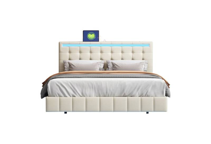 OKWISH Polsterbett Funktionsbett, Doppelbett, Gästebett, gepolsterter Schwebebettrahmen (mit LED-Leuchten und Kopfteildesign 140 x 200 cm), Ohne Matratze von OKWISH