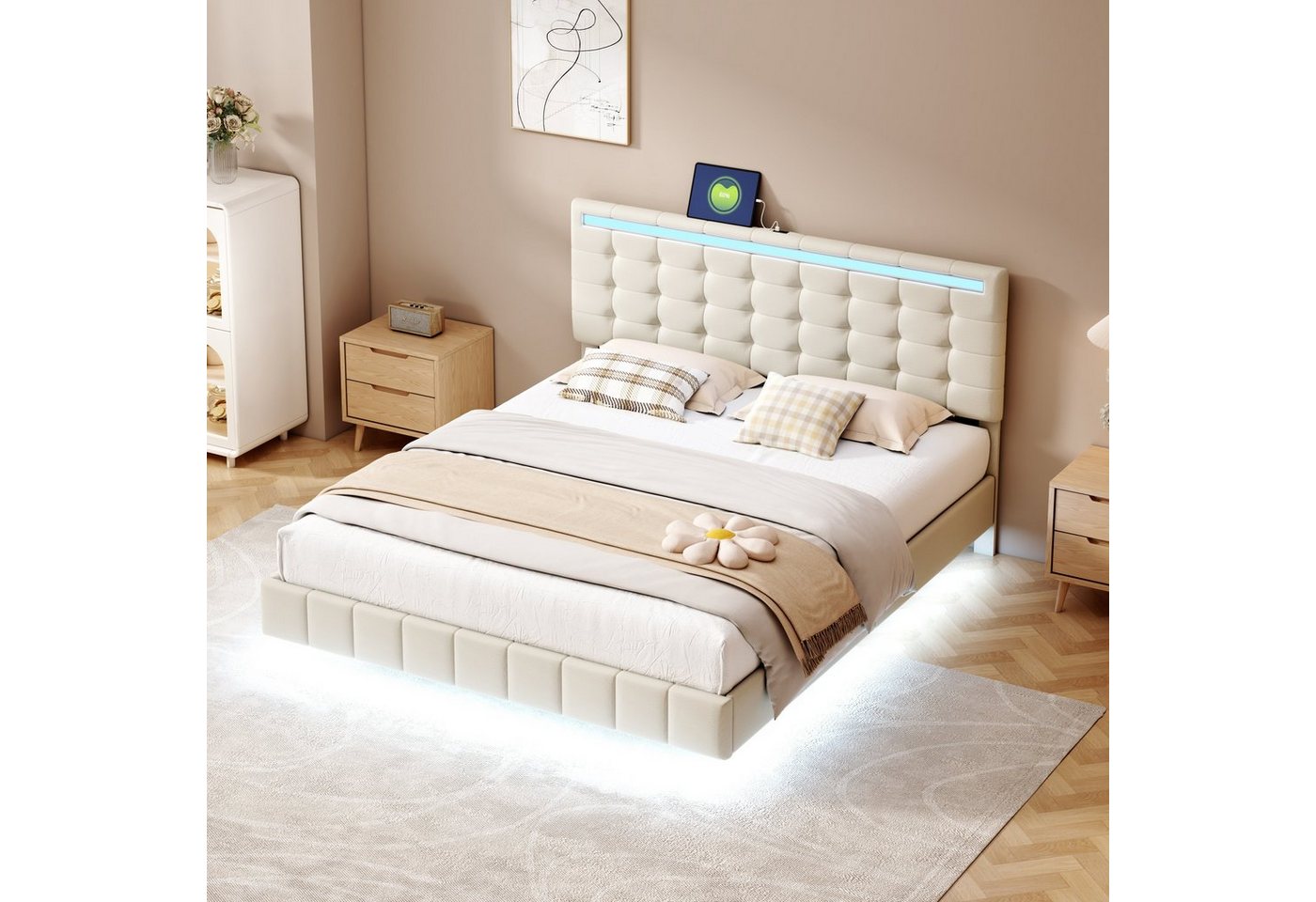 OKWISH Polsterbett Funktionsbett, Doppelbett, Gästebett, gepolsterter Schwebebettrahmen (mit LED-Leuchten und Kopfteildesign 160 x 200 cm), hautfreundlichem Leinen, Ohne Matratze von OKWISH