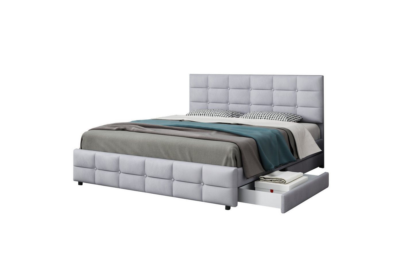OKWISH Polsterbett Funktionsbett, Doppelbett mit 4 Schubladen 180 x 200 cm (Hautfreundliches Doppelbett aus Samtstoff für Erwachsene und Jugendliche, mit Lattenrost und Rückenlehne), Ohne Matratze von OKWISH