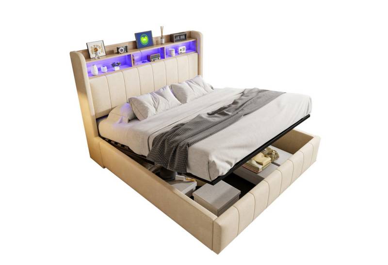 OKWISH Polsterbett Funktionsbett,Doppelbett,mit hydraulisches Stauraum (Polsterbett,mit LED-Beleuchtung & USB-Anschluss, hydraulisches Stauraum-System und Kopfteil mit Einlegeböden., 160 x 200 cm), ohne Matratze von OKWISH