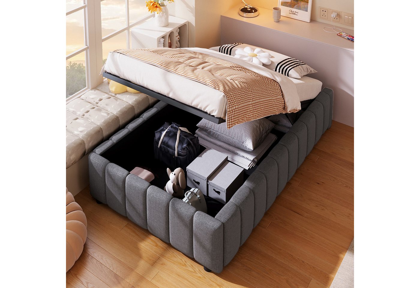 OKWISH Polsterbett Funktionsbett,Kinderbett,Jugendbett,Gästebett (Polsterbett,mit hydraulischer Lagerung – Minimalistisches Design ohne Kopfteil, umweltfreundliches Leinen & MDF, praktischer Stauraum für Schlafzimmer & Jugendzimmer, einfache Montage, 90x200 cm), ohne Matratze OKWISH Polsterbett Funktionsbett,Kinderbett,Jugendbett,Gästebett (Polsterbett,mit hydraulischer Lagerung – Minimalistisches Design ohne Kopfteil, umweltfreundliches Leinen & MDF, praktischer Stauraum für Schlafzimmer & Jugendzimmer, einfache Montage, 90x200 cm), ohne Matratze von OKWISH