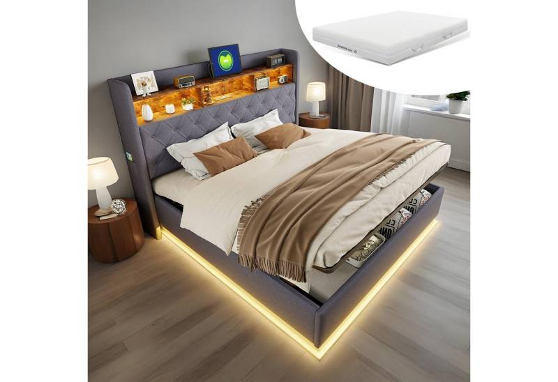 OKWISH Polsterbett Funktionsbett,Stauraumbett,Doppelbett,Gästebett (Luxuriöses LED-Polsterbett,mit USB-Ladeanschluss und hydraulischem Stauraum., 160 x 200 cm), mit Matratze von OKWISH