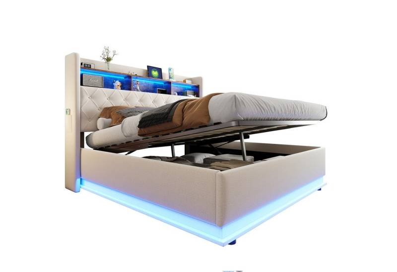 OKWISH Polsterbett Funktionsbett,Stauraumbett,Doppelbett,Gästebett (Luxuriöses LED-Polsterbett,mit USB-Ladeanschluss und hydraulischem Stauraum., 180 x 200 cm), ohne Matratze von OKWISH