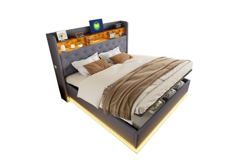 OKWISH Polsterbett Funktionsbett,Stauraumbett,Doppelbett,Gästebett (Luxuriöses LED-Polsterbett,mit USB-Ladeanschluss und hydraulischem Stauraum., Polsterbett 180 x 200 cm), mit Matratze von OKWISH