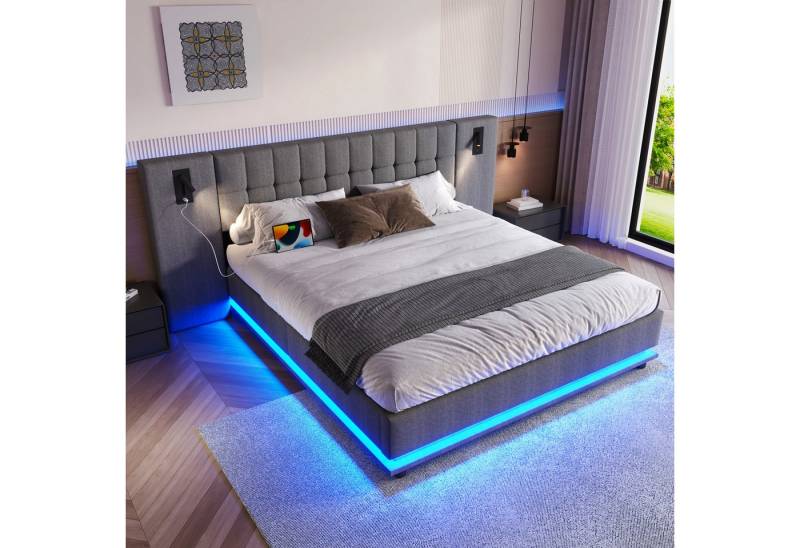 OKWISH Polsterbett Funktionsbett (mit LED-Beleuchtung, Kopfteil mit Spot, USB-Ladeanschluss, Leinenbezug, 180x200 cm), Inklusive Matratze von OKWISH