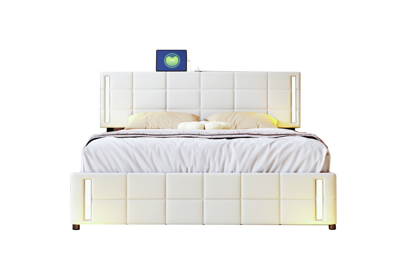 OKWISH Polsterbett Funktionsbett Doppelbett Kinderbett Jugendbett Gästebett (hautfreundliches Leinen gepolstert flaches, mit LED-Lichtsteckdose 4 Schubladen 140*200cm), Ohne Matratze von OKWISH
