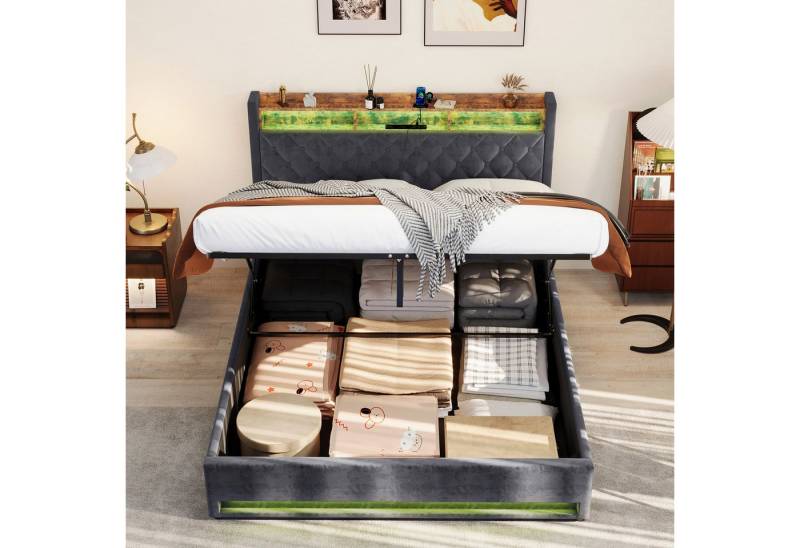 OKWISH Polsterbett Funktionsbett Stauraumbett (Luxuriöses Polsterbett Dunkelgrau aus hochwertigem holländischen Samt – hochelastischer Schaumstoff für optimalen Schlafkomfort., 160*200), Mit LED-Lichtleiste und USB-Aufladung von OKWISH