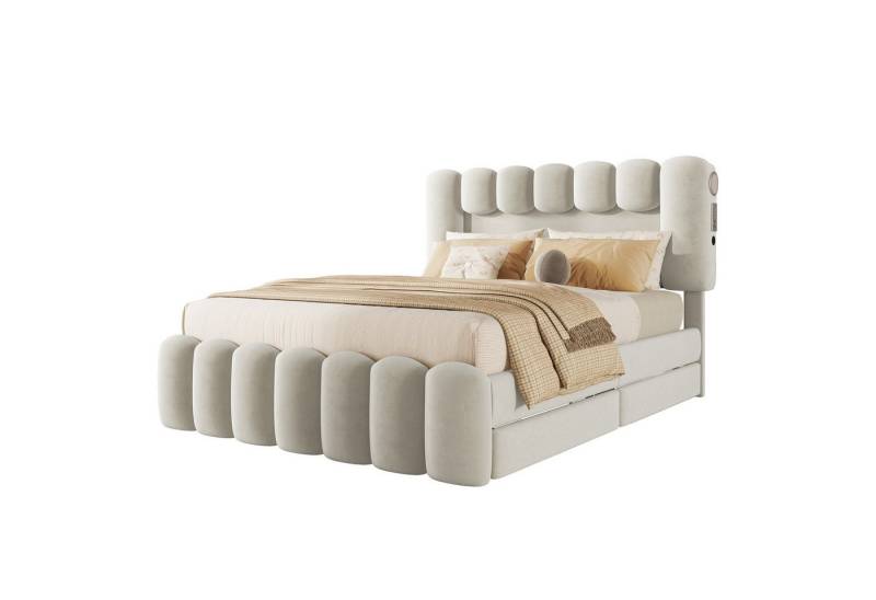 OKWISH Polsterbett Funktionsbett Stauraumbett Doppelbett Bett (mit LED-Lichtleiste mit USB und Stereoanlage, mit 4 Schubladen 140 x 200 cm), ohne Matratze von OKWISH