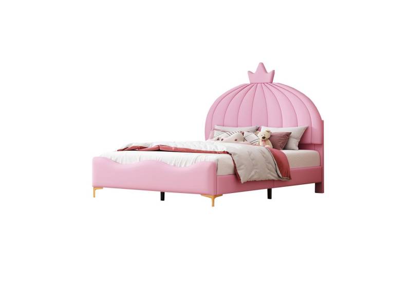 OKWISH Polsterbett Gästebett Kinderbett Cartoon-Kopfteil mit Kranzleiste (Bogenförmige Endgestaltung, Kunstlederstoff mit Lattenrost mit hohem Metallfußteil, Juniorbett Gästebett, 140x200 cm), ohne Matratze von OKWISH