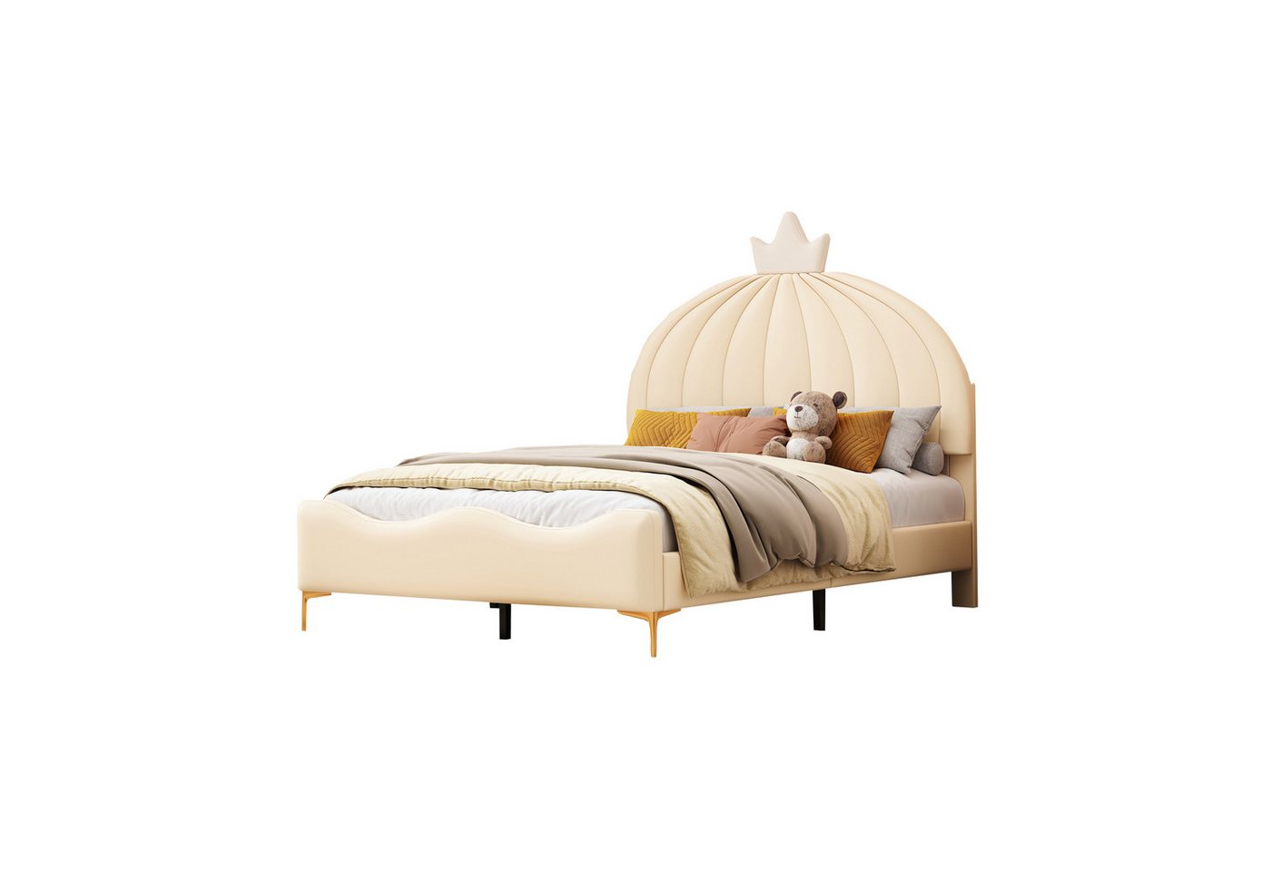 OKWISH Polsterbett Gästebett Kinderbett Cartoon-Kopfteil mit Kranzleiste (Bogenförmige Endgestaltung, Kunstlederstoff mit Lattenrost mit hohem Metallfußteil, Juniorbett Gästebett, 140x200 cm), ohne Matratze von OKWISH