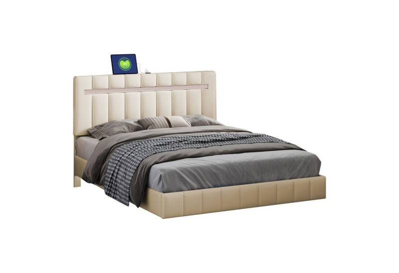 OKWISH Polsterbett Gepolstertes Schwebebett, Doppelbett Funktionsbett Gästebett (mit LED-Beleuchtung und stilvollem Kopfteildesign, 140x200 cm), ohne Matratze von OKWISH