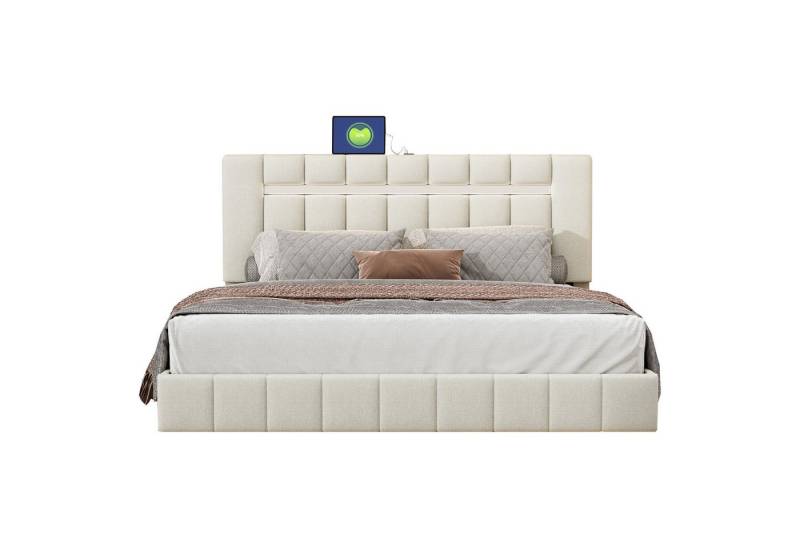OKWISH Polsterbett Gepolstertes Schwebebett, Doppelbett Funktionsbett Gästebett (mit LED-Beleuchtung und stilvollem Kopfteildesign, 160x200 cm), ohne Matratze von OKWISH