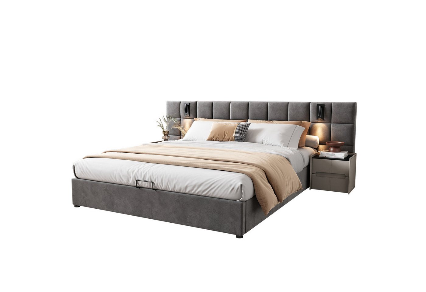 OKWISH Polsterbett Doppelbett Jugendbett Bett Stauraumbett gepolsteres Bettgestell (Stahlrahmen mit Hydraulisch anhebbarer Bettstauraum Holz-Lattenrost, Samt Bezug USB-Anschluss LED-Beleuchtung 160x200 cm mit Matratze), weich breit Kopfteil Polsterung aus Schaum mit Lampe USB-Ladeanschluss von OKWISH